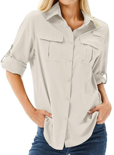 yeyity Camisa para mujer UPF 50 con protección UV, camiseta de manga larga para mujer, camisa de senderismo, ropa de safari, transpirable, secado rápido, informal, top deportivo, Luz De Color Caqui, L