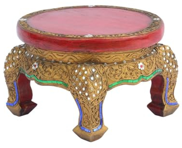 Oriental Galerie Opiumtisch Rund Spiegelsteine Beistelltisch Rot Antik Nachttisch Couchtisch Holztisch Thailand 30cm Ø