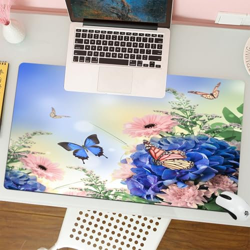 MESHIZIY Gaming Mouse Pad Computer Keyboard Mouse Mat Desk Pad Soft Smooth Surface and Anti-Slip Rubber Base,Bouquet from blue hydrangeas and butterfly a flower background,16 x 29.5 in