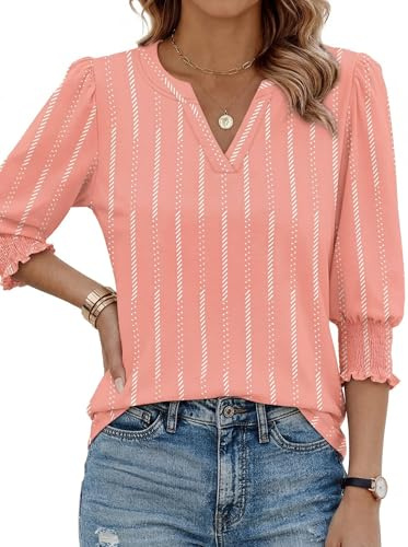 Desol Blus, 3/4-ärm, ledig skjorta med V-ringning, eleganta toppar, lös topp, blus för sommaren, Rosa ränder, L