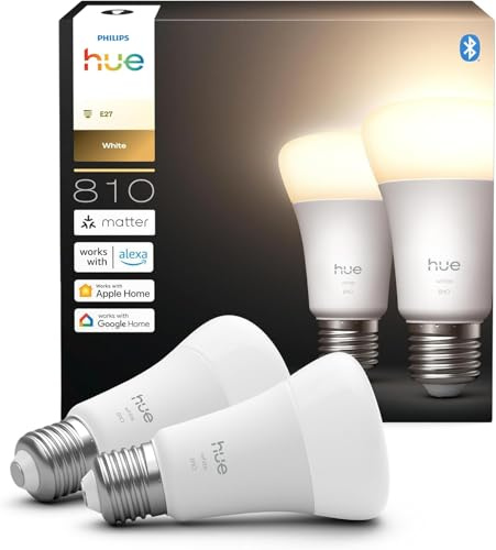 Philips Hue LED A60 (Confezione da 2), Lampadine smart con luce bianca calda E27, Luci smart da 9,5 W e 810 lumen, Lampadine intelligenti compatibili con Alexa, Google Assistant e Apple Home