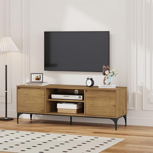 [en.casa] Mobile Porta TV a Vani Chiusi con Ante e Scomparti Aperti Tavolo Basso Stand Multimediale con Fori Passacavi 140 x 40 x 50 cm per Soggiorno Salotto - Effetto Rovere Scuro