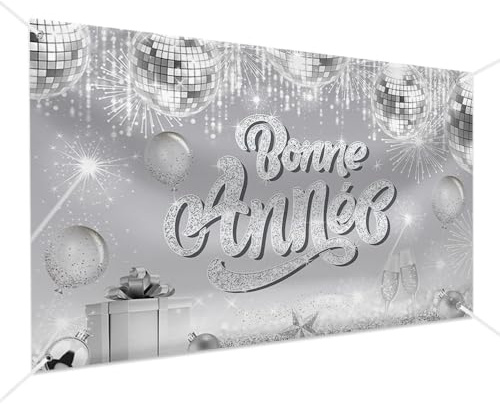 MEHOFOND 1,8 x 1,1 m Décoration de Bonne Année Bannière Argent Nouvel An 2026 Bannière Jour de l'An 2026 Nouvel An Bannière Bonne Année Décoration Fournitures