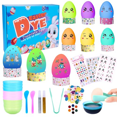 Putfoka Easter Egg Dye Kit, 80PCS Egg Decorating Kit with Colour Tablets Stickers Bowls, Eggs Colouring Dye for Girls Boys, Easter Eggs Paint Party Activities Gifts for Kids