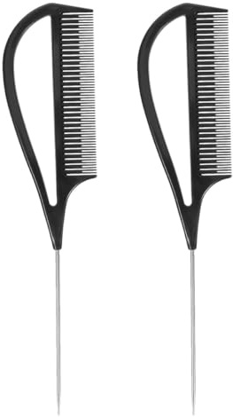 POPETPOP Peines de Peluquería para Separación y Mechas, Pack 2 Piezas, Tamaño Medio, con Punta de Acero Lisa, Herramienta para Estilistas Profesionales, Uso en Salones Casa, Color Negro