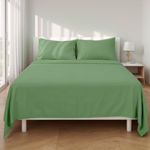 Etrexonline Juego de Sábanas 4 Piezas Cama 135 cm - Microfibra Ultra Suave Incluye 1 Bajera Ajustable 135x200+30 cm, 1 Encimera 210x270 cm, y 2 Fundas de Almohadas 50x70 cm - Color Verde Liso