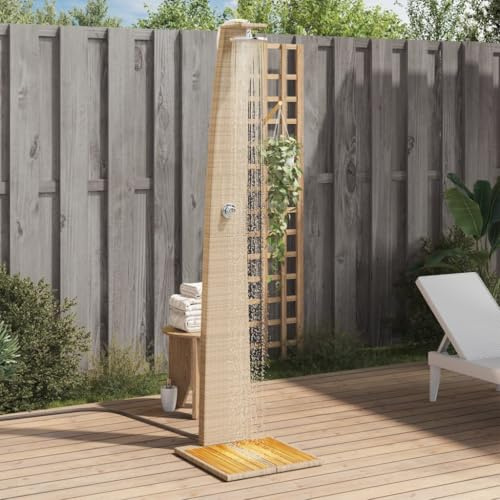 Kaloriko Trädgårdsdusch, beige av poly rotting och akaciaträ, 55 x 60 x 224 cm, med vridbar duschstråle, UV-resistent och robust pulverlackerad stålram för trädgård, utomhus, sommar, spa, tillbehör