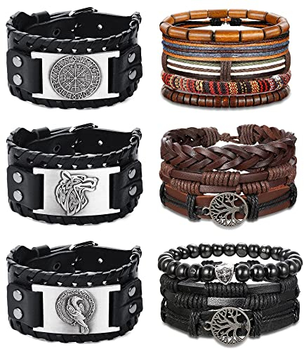 Adramata 14Pcs Armband Herren Leder Wikinger Armband Herren Punk Armband Vintage Gothic Wolf Baum des Lebens Armbänder Männer Wikinger Schmuck Set Lederarmband Herren Damen
