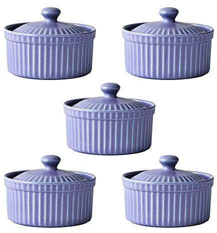 5 Pack Ramekins, Thread Design Porcelain Souffle Dishes with Lid, Macaron Color Series Ramekin, Ceramic Cup Bowl for Creme Brulee Custards Pudding Jams Sauce & Dips, Microwave & Oven Safe