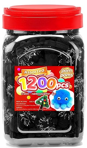 Iooleem Black Pom Poms - Assorted Size, 1200pcs with Wiggle Eyes, Glitter Options, Perfect for Arts & Crafts