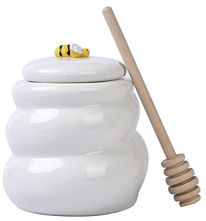 SHZMJL Porcelain Honey Pot, Porcelain Honey Container, Ceramic Honey Jar with Wooden Dipper and Lid (White)