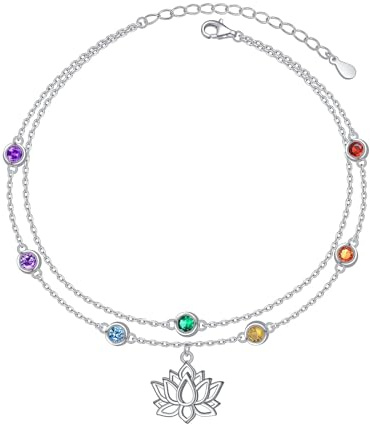 Flyow Lotus Chakra Anklet 925 Sterling Silver Multicolor Cubic Zirconia Ankle Bracelets for Women Adjustable Layered Foot Chain Jewelry Gift for Summer Day