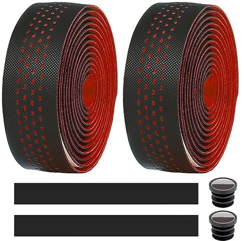 MOCNT 2 Piezas Cinta de Manillar de Bicicleta Carretera Ciclismo Cinta de Esponja EVA PU Cuero Bandas Autoadhesivas Antideslizante Transpirable con Tapón Extremo Barra Rojo