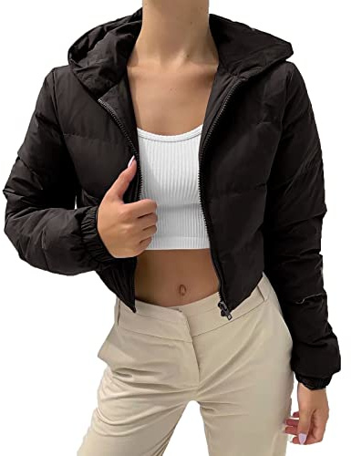 Doudoune pour femme - Court - 3/4 - Cropped - Chaude - Veste d'hiver - Ventre sans ventre - Manteau d'hiver - Parka d'hiver - Manteau polaire matelassé - Veste d'extérieur, Noir , M