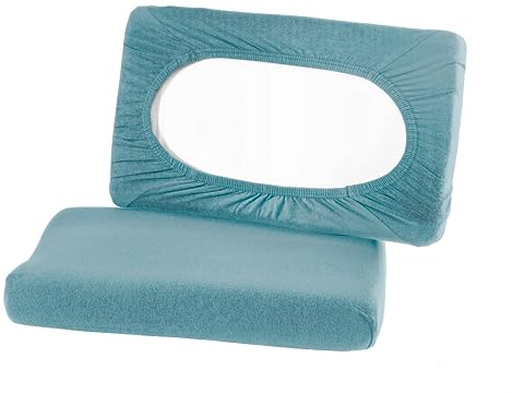 BaSaTex Bio Kissenbezüge Spannbezüge 2er Pack für Nackenkissen und Gesundheitskissen | 97% GOTS-Zertifizierte Baumwolle + 3% Elasthan | ca. 45-60 x 30-40 cm – 20 cm Steg | Rauchblau