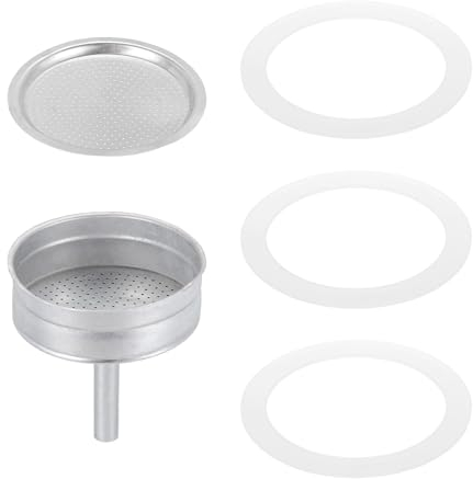 sourcing map Stovetop Espresso Maker Replacement Aluminium Coffee Pot Parts with 1pcs Filter and 3pcs Silicone Gasket Seals,1pcs Funnel 74x64x4.5mm for 9-Cup Mocha Coffee Maker Pot(Silver)
