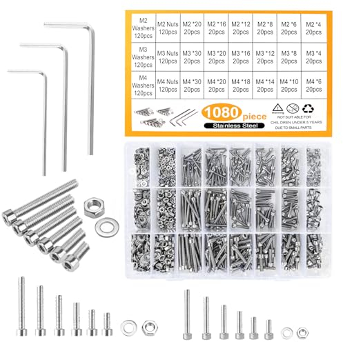 Tornillos Cilíndricos Hexagonales, 1080 Piezas Tornillos y Tuercas y Arandelas, Tornillos de Cabeza Allen con Tuercas de Acero Inoxidable Surtido, Tornillos Hexagonales con 3 Llave