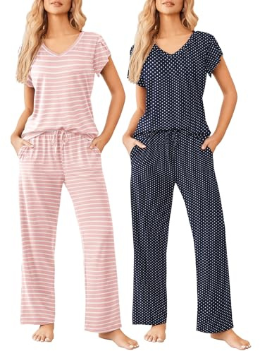 Ekouaer 2 Pack Womens Pajamas Short Sleeve Sleepwear Top with Pants Super-Soft Printed Lounge Sets S-XXL