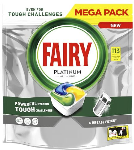 Fairy Platinum Limón - Cápsulas para lavavajillas todo en uno, 113 pastillas para la suciedad difícil, limpian incluso los filtros grasos