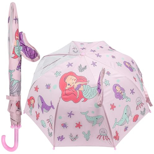 A2Z 4 Kids Girls Stick Umbrella Walking Umbrellas for Rain Windproof Waterproof 8 Ribs Rainbow Clear Brolly J Stick Crook Handle Easy Grip Classic 110cm Large Canopy (Mermaid)