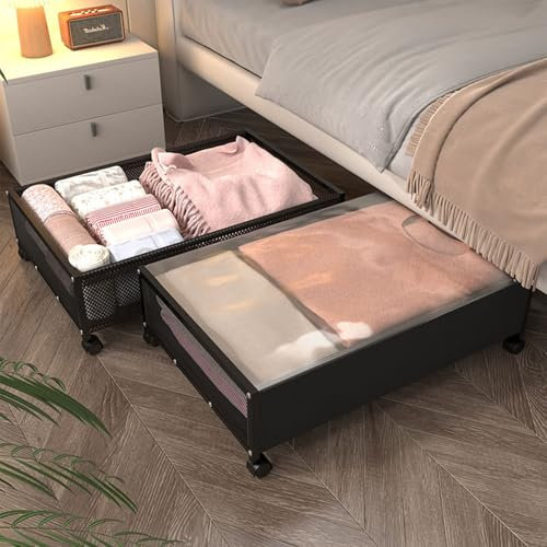 IVTUVTI 2 contenitori sotto il letto con ruote e coperchio, telaio in metallo, pieghevole, per vestiti, scarpe, coperte, biancheria da letto