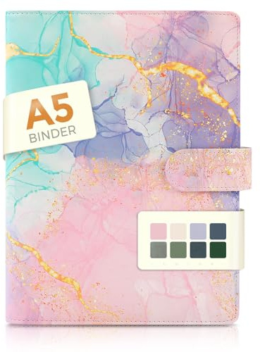 SKYDUE A5 Binder, A5 Ringbuch Kunstleder, Ringbuch a5 Nachfüllbar, Notizbuch (Innenpapier Nicht Enthalten), Organizer Für Büro Schule Und Reisearbeit(Marmor Rosa)