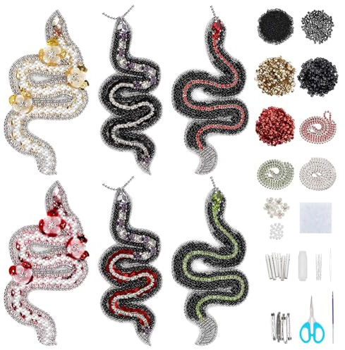WEBEEDY 6 Styles DIY Snake Beaded Patch Kit Colorful Bead Embroidery Kit Brooch Pin Hair Barrette Making kit Handmade Sequin Rhinestones Patches Sew on DIY Decorative Patches for Clothes Shoes Bags