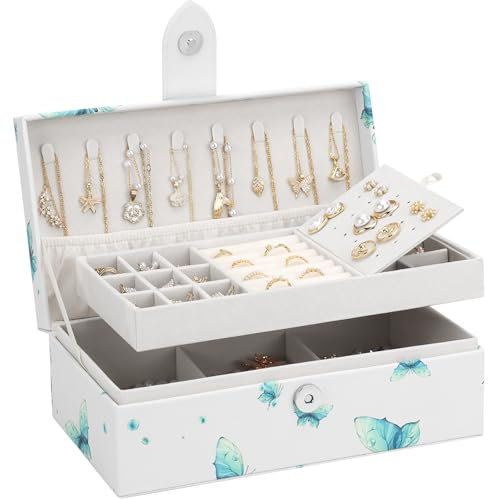 DesignSter Boite a Bijoux, Boîte à bijoux personnalisée pour Femmes Filles, Rangement Bijoux à 2 Niveaux, Coffret à Bijoux en PU pour Bagues, Bracelets, Colliers, Papillon