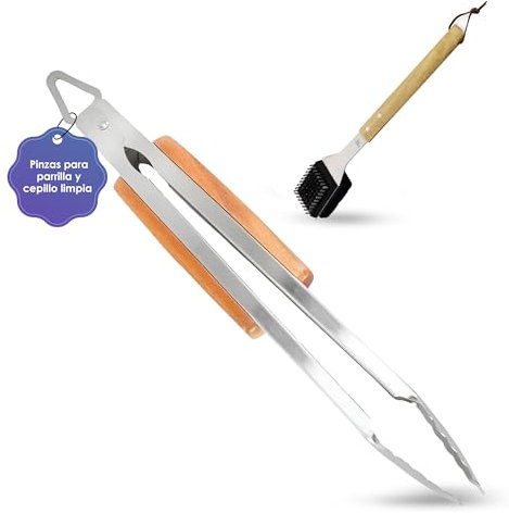 Kit Utensilios para Barbacoa, Pinzas Cocina de Acero Inoxidable extralargas de 42 cm con Mango de Madera Resistente al Calor Cepillo Limpiador Barbacoa, Accesorios para Barbacoa