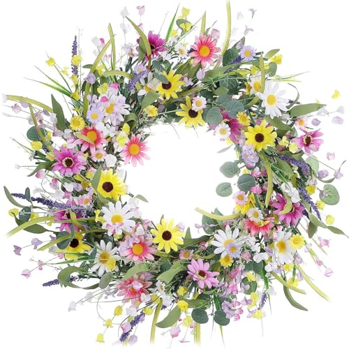 Corona de Primavera Artificial 22x22in Summer Wreats, Corona Decorativa de Puertas de Boda de Pared Colgante, Coronas de Verano para Puerta Principal