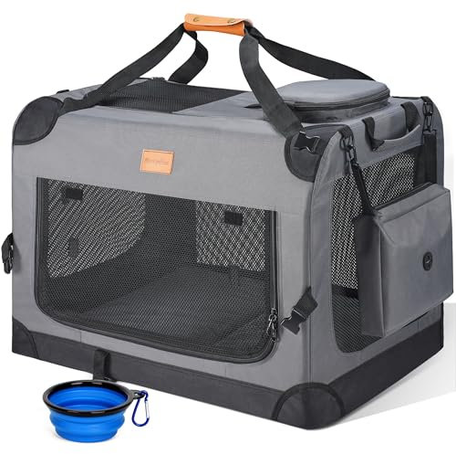 Morpilot Hundetransportbox M 60x42x42cm, faltbar Hundebox Auto Zuhause für 12kg, Transporttasche Haustiertransportbox Hundetragetasche mit faltbarem Napf, Schultergurt Aufbewahrungstaschen