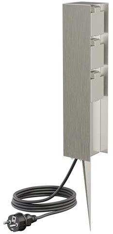 ledscom.de Colonne de Prises de Jardin POMI avec Piquet de Terre et 2m de câble pour l'extérieur, IP44, 3X, INOX, carré, 33cm