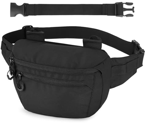 Huntvp Sac Banane Hommes et Femmes avec Ceinture d'Extension, Grande Taille, Bandoulière Réglable, Sacoche Ville Polyvalente pour Voyage, Sport, Travail, Randonnée, Cyclisme,Noir