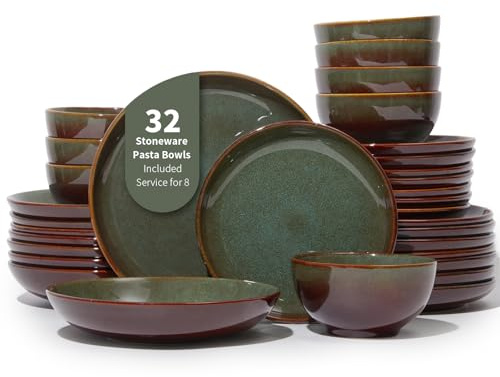 Pokini 32 Piece Double Bowl Dinnerware Sets with Pasta Bowls, Highly Chip and Crack Resistant Plates and Bowls Sets, Natural Earthyware Ceramic Dishware Sets, Service for 8 Brown Green