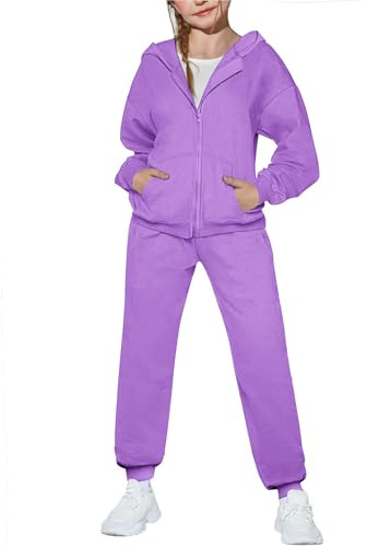 Arshiner Girls Casual Basic Zip Up Long Sleeve Hoodie Sweatsuit Tracksuit Set Jogger 2 Pieces Clothes Outfits 9-10 Years