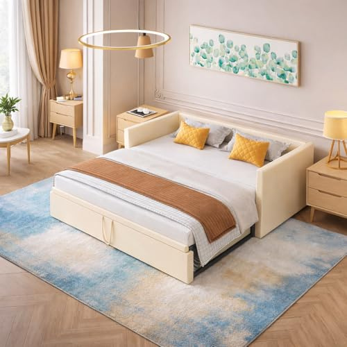 CXHLXYR Soffa 90/180 x 200, soffa, 2-sits, konvertibel 90/180 x 200, bäddsoffa med säng, multifunktionell utdragbar säng i sammetstyg (beige, 90/180 x 200)