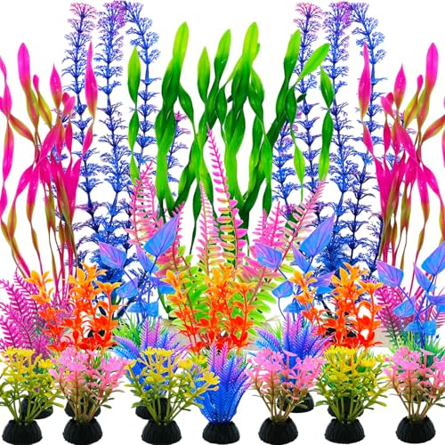 SLOCME Lot de 25 plantes artificielles colorées pour aquarium - Grandes décorations d'aquarium en plastique pour Betta et poissons rouges - Plantes douces réalistes avec fond lesté