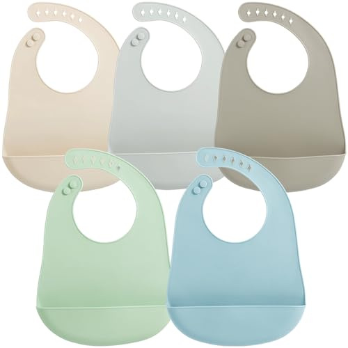 PandaEar Lot de 5 Bavoirs Bébé en Silicone Étanches | Bavoir Ultra Léger et Fin avec Poche Ramasse-Miettes pour Tout-Petits (Crema, Gris, Marrón topo (Taupe), Verde, Azul)