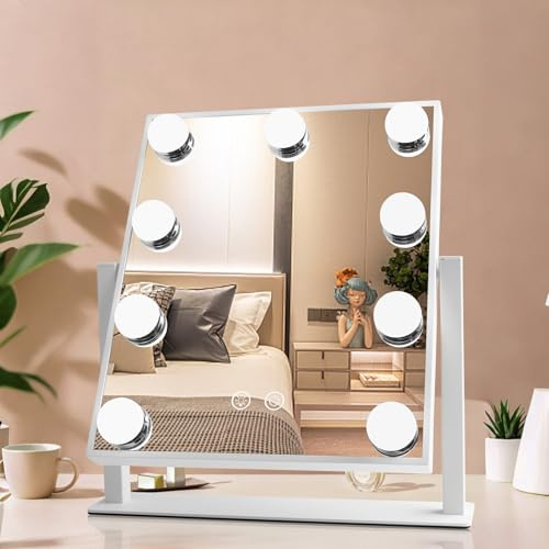 sylvwin Hollywood Espejo de Maquillaje con 9 Luces LED - 360° Giratorio, 3 Temperaturas de Color Ajustables (3000K/4000K/6000K) Cosmético Espejo de Mesa, Control Táctil, Regulable, Espejo de Tocador