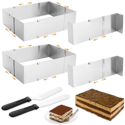 LDXDRU Marco de horno rectangular ajustable, 2 unidades, rectangular, anillo para tartas, ajustable, con divisor y espátula, bandeja de horno extensible, marco rectangular para tartas, pizza, 18 x 32