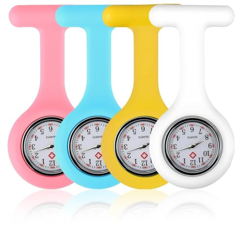 QEAS 4PCS Fob Watches for Nurses, Silicone Housing Nurse Watch with Pin, Nurses Fob Watch for Medical Health Care, Suitable for Doctors, Paramedics(Light Blue, Pink, Yellow, White)