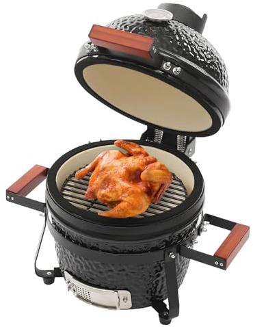 Barbecue in ceramica a carbonella, con termometro per giardino e terrazza, per affumicare, grigliate e pizza, 32 cm, in acciaio inox
