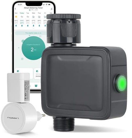 Tesmotor Ordenador de Riego, Programador de Riego WiFi Inteligente, Temporizador de Riego Automático con Control por App y Voz, Función Retardo de Lluvia, Sistema de Riego para Jardín e Invernadero