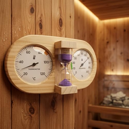 Termómetro e higrómetro para sauna, medidor de accesorios de sauna de madera 3 en 1 con temporizador de arena de 15 minutos, soporte mecánico de pared de pino para monitoreo de habitaciones, morado