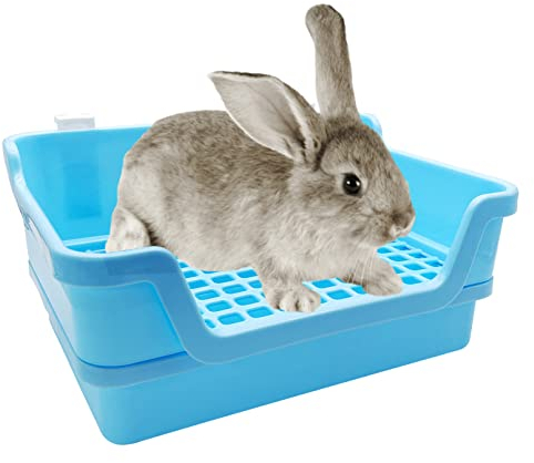 PINVNBY Extra Large Rabbit Litter Box Small Animal Potty Trainer Huge Bunny Litter Pan Plastic Pet Corner Toilet with Mash for Adult Guinea Pigs Chinchillas Ferrets (Blue)