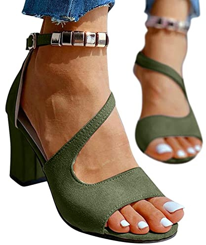 Evening Shoes Women's Elegant Small Heel Sandals Peeptoes Wedge Heel Sandals High Heels Stick Shoes with Toe Buckle Heel Shoes Classic Strappy Sandals Open Toe Shoes Summer Shoes, Army Green, 6