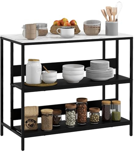 HOMCOM Isola da Cucina Bancone Bar con Ripiani, Scaffale da Cucina con Piano Effetto Marmo e Struttura in Metallo, 100x50x90cm, Nero e Bianco