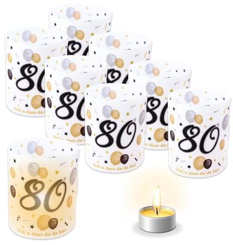 TOPWAYS Deko 80 Geburtstag Mann Frau, 8pcs Tischdeko Geburtstag Kerzen Windlicht Cover, Anniversary 80. Geburtstag Deko Frauen Mann Schön DASS Du Da Bist, für Teelichter oder Kerzen (80 Geburtstag)