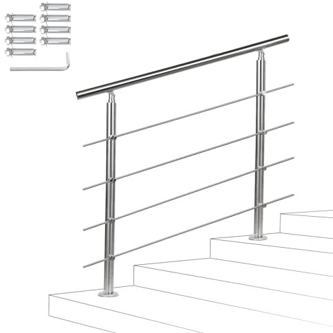 Fiqops Main courante en acier inoxydable - Rampe d'escalier extérieure et intérieure 100 cm Avec 4 traverses Ø 42 mm Avec accessoires - Angle réglable pour escaliers, jardin, entrée