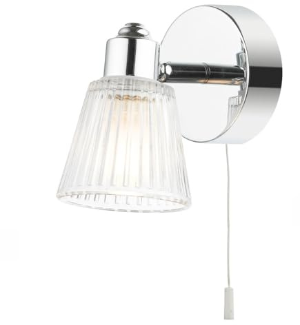 Britalia Polished Chrome & Clear Ribbed Glass Bathroom Vintage 1 Lamp Switched Wall Light | 12.5cm Wide | IP44 Rating | 1 x G9 Lamp Bulb Required | 240V UK | Pull Cord Switch | Mirror Lighting